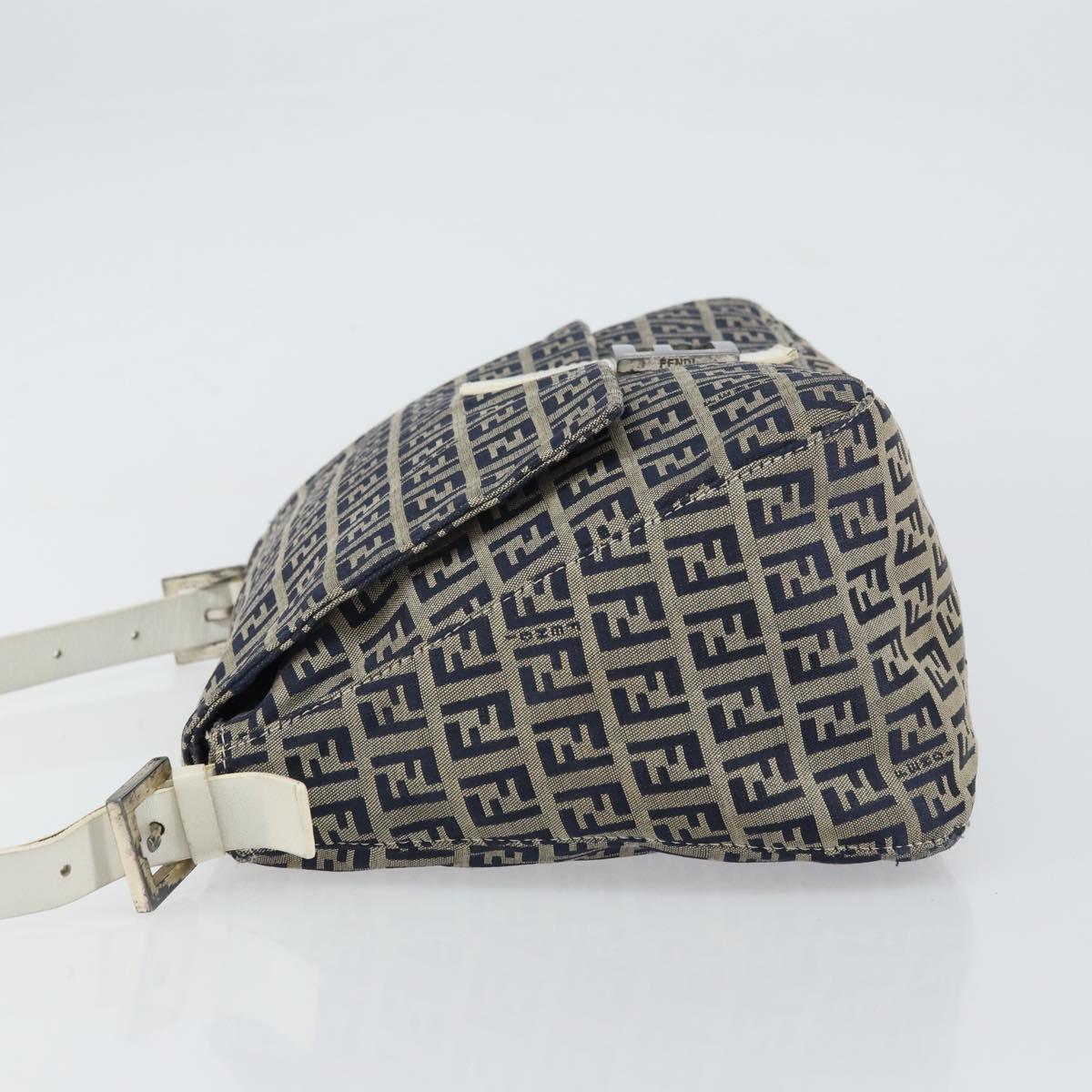 FENDI Zucchino Canvas Mamma Baguette Shoulder Bag Navy Silver Auth 157684