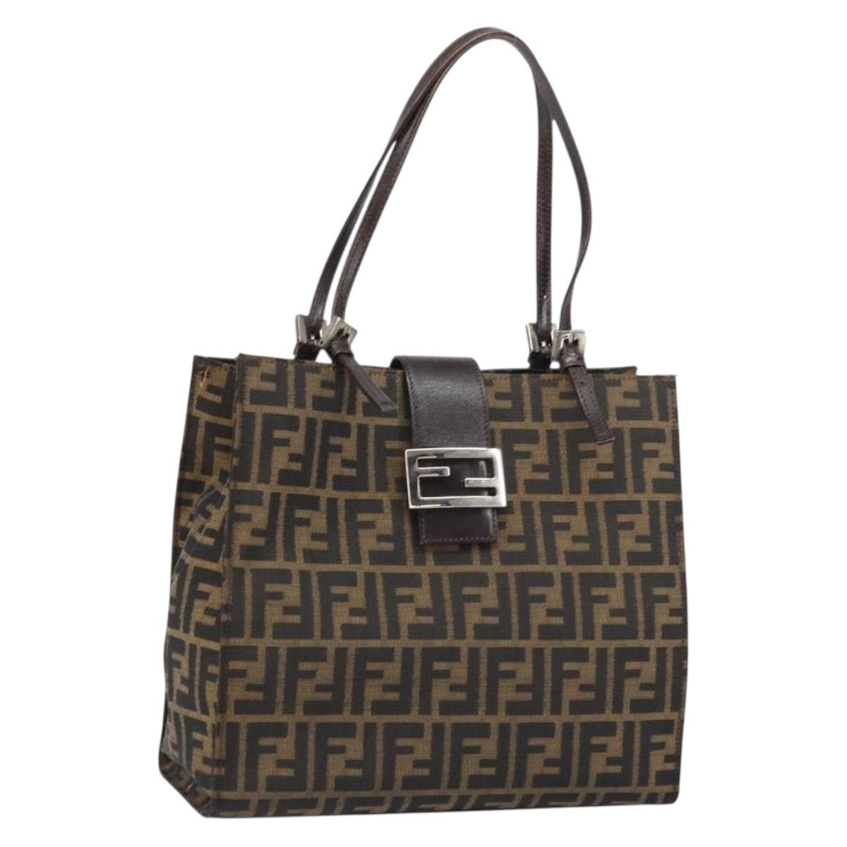 FENDI Zucca Canvas Mamma Baguette Tote Bag Brown Black Auth 157686