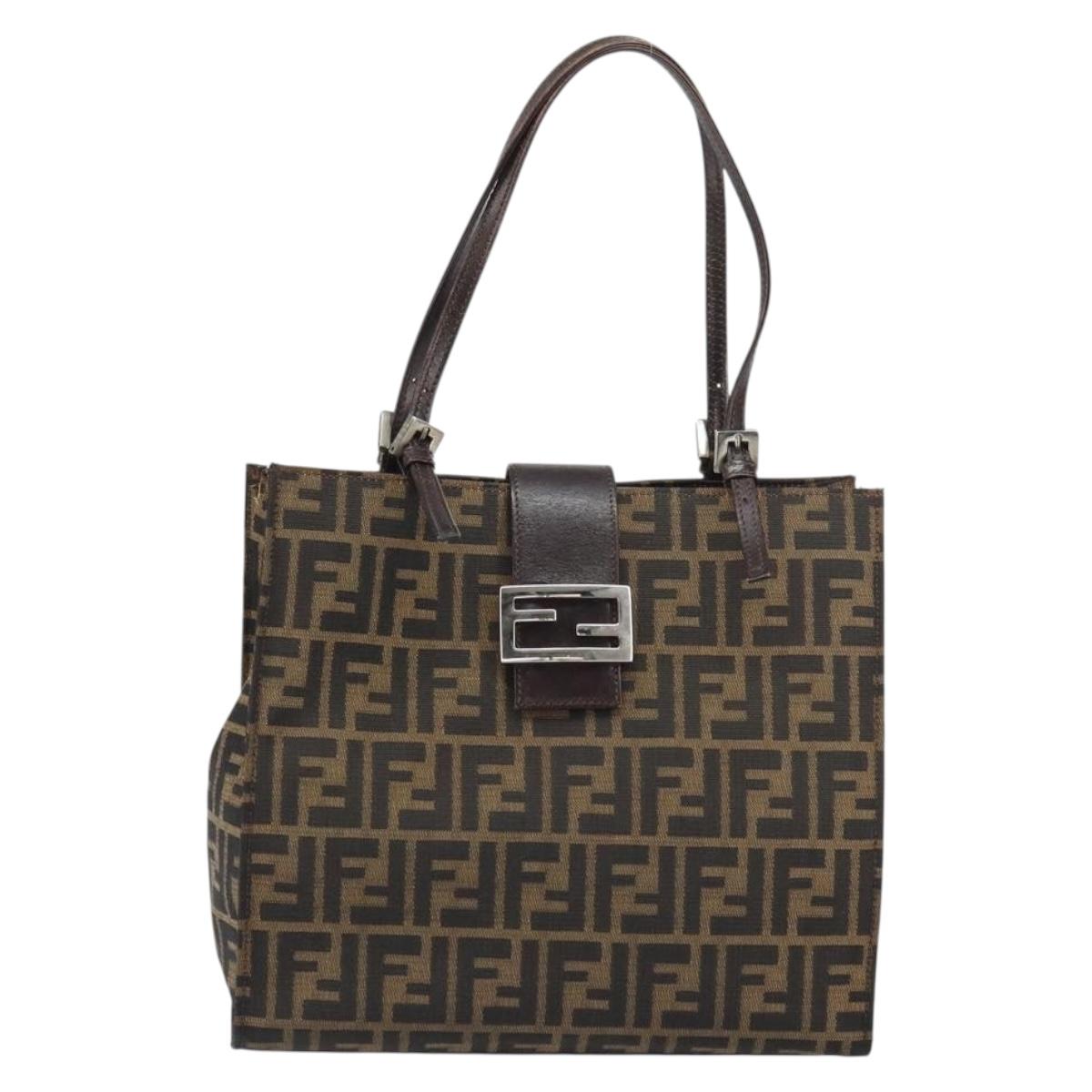 FENDI Zucca Canvas Mamma Baguette Tote Bag Brown Black Auth 157686