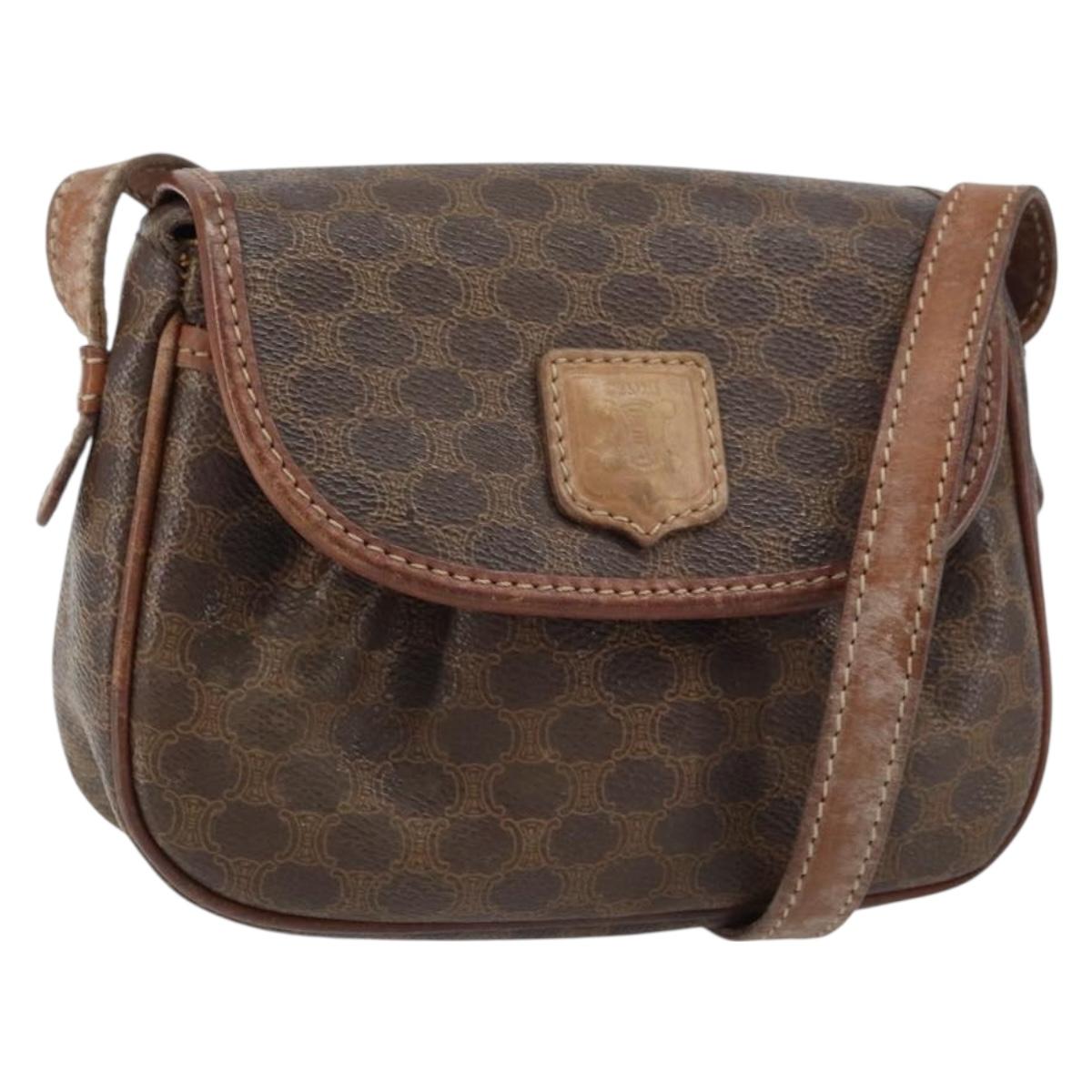 CELINE Macadam Canvas Shoulder Bag PVC Leather Brown Gold Auth 157688