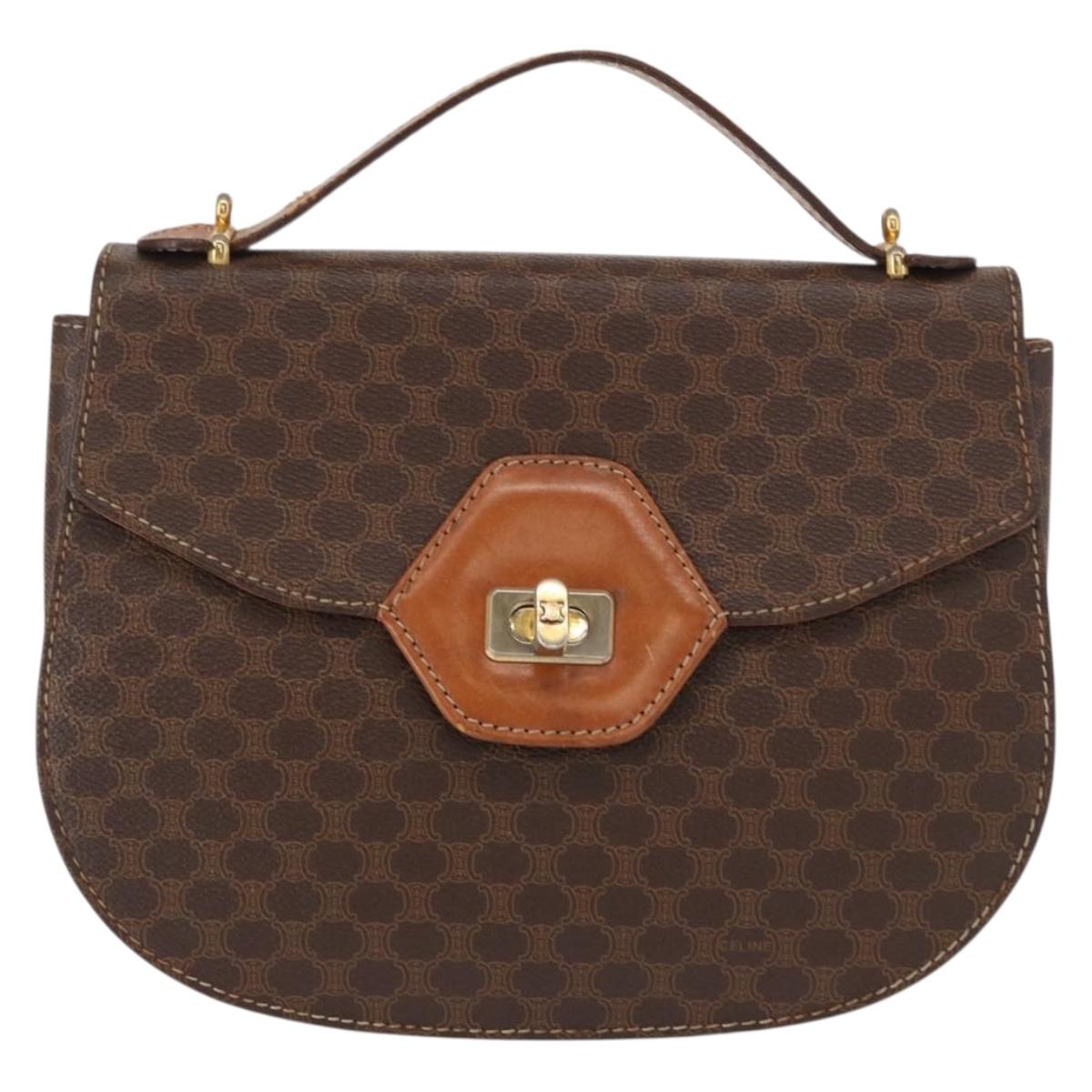 CELINE Macadam Canvas Hand Bag PVC Leather Brown Gold Auth 157765