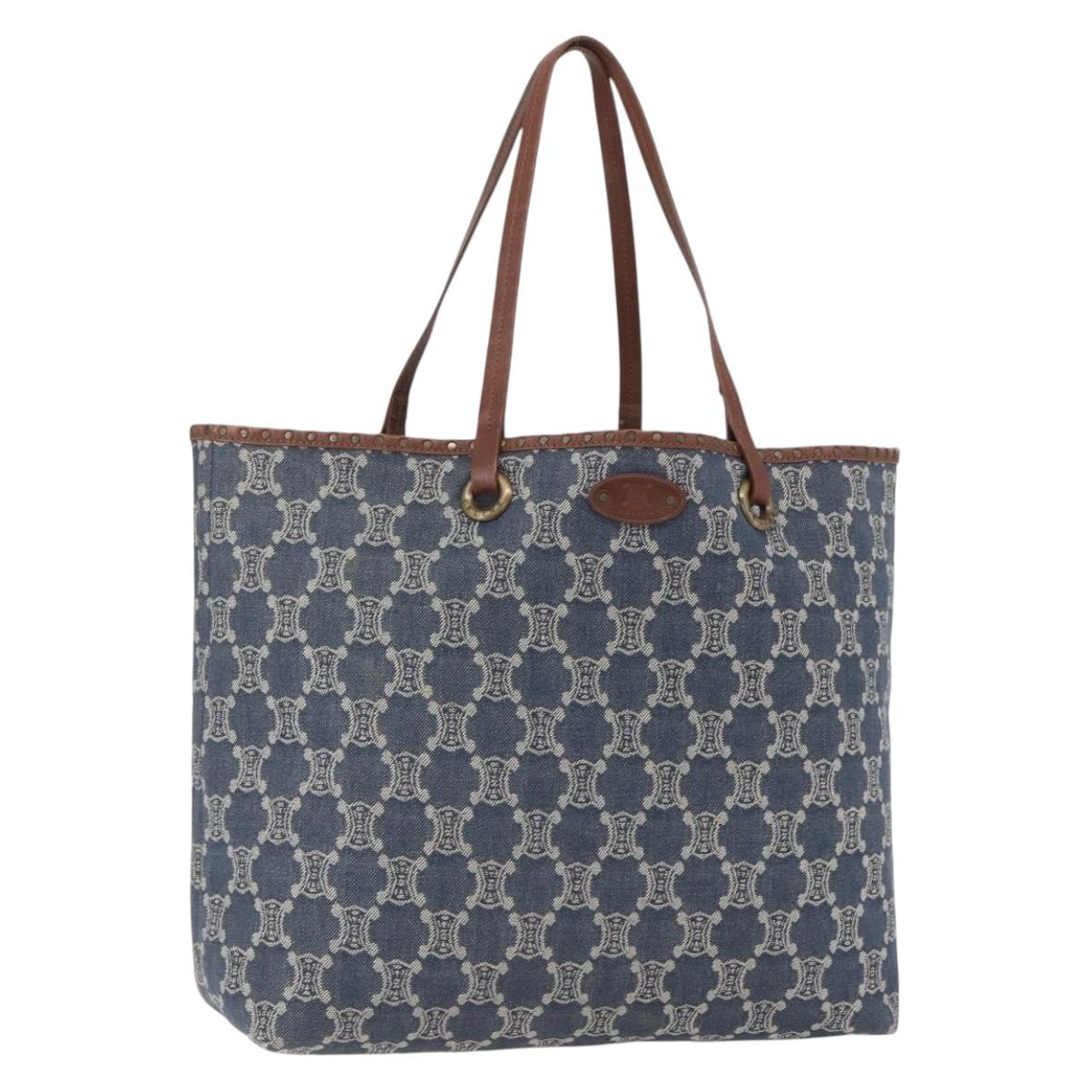 CELINE Paris Macadam Canvas Tote Bag Denim Blue Gold Auth 157771