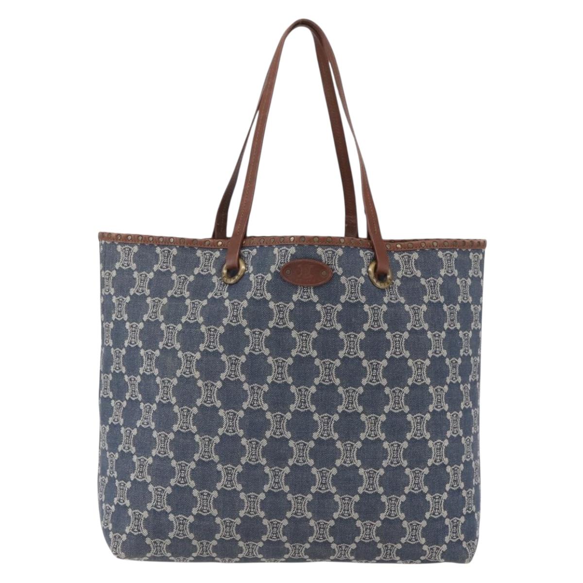 CELINE Paris Macadam Canvas Tote Bag Denim Blue Gold Auth 157771