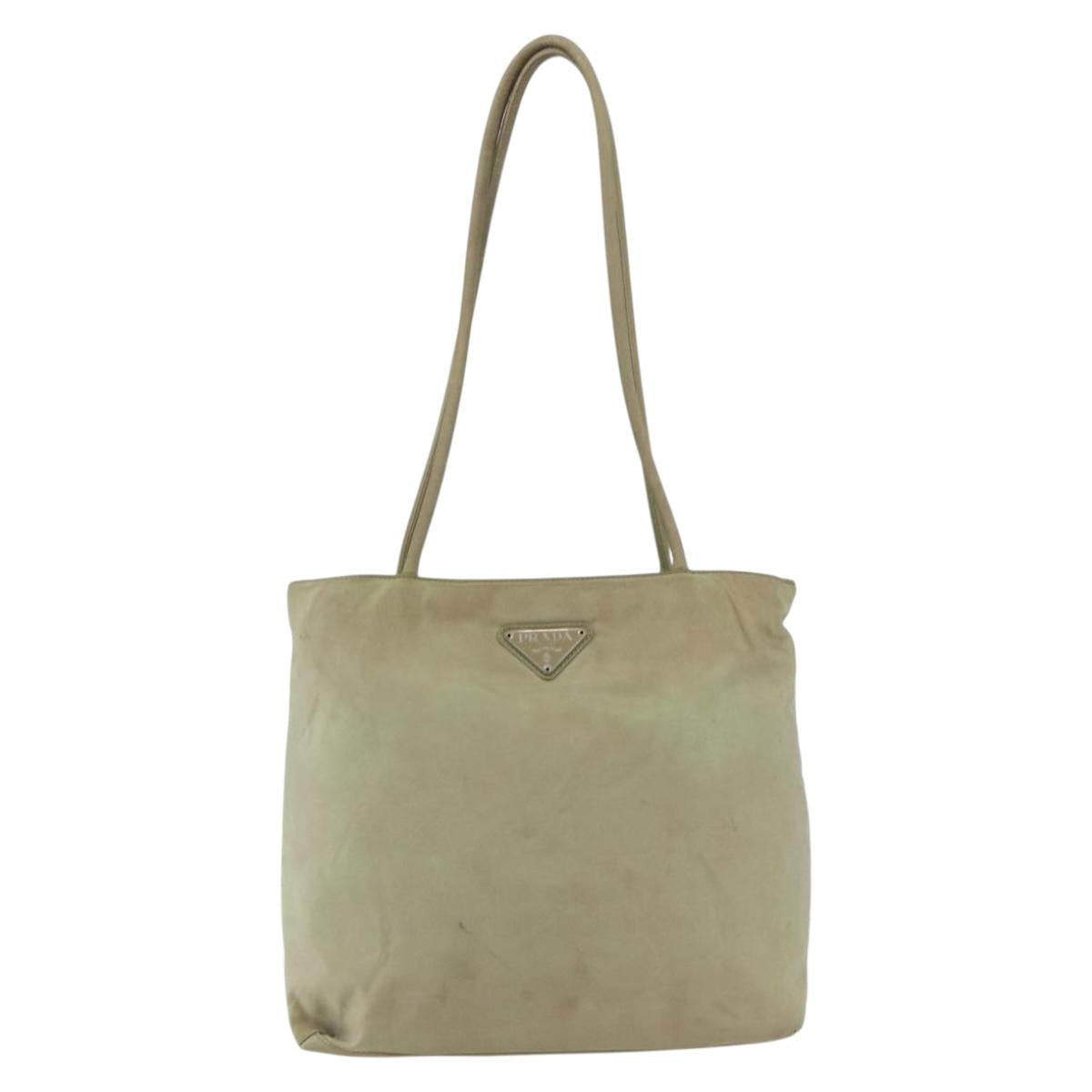 PRADA Tote Bag Nylon Beige Silver Auth 157778