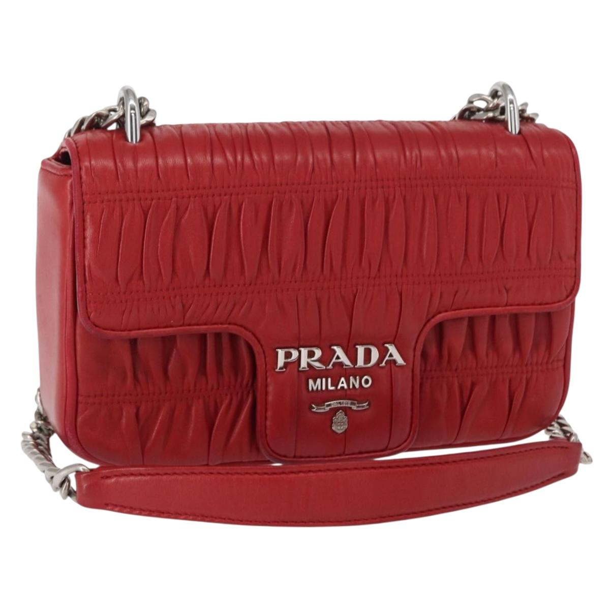 PRADA Chain Nappa Goful Shoulder Bag Leather Red Silver Auth 157786