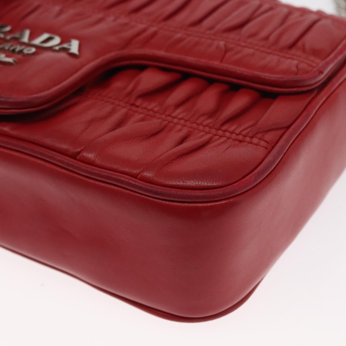 PRADA Chain Nappa Goful Shoulder Bag Leather Red Silver Auth 157786