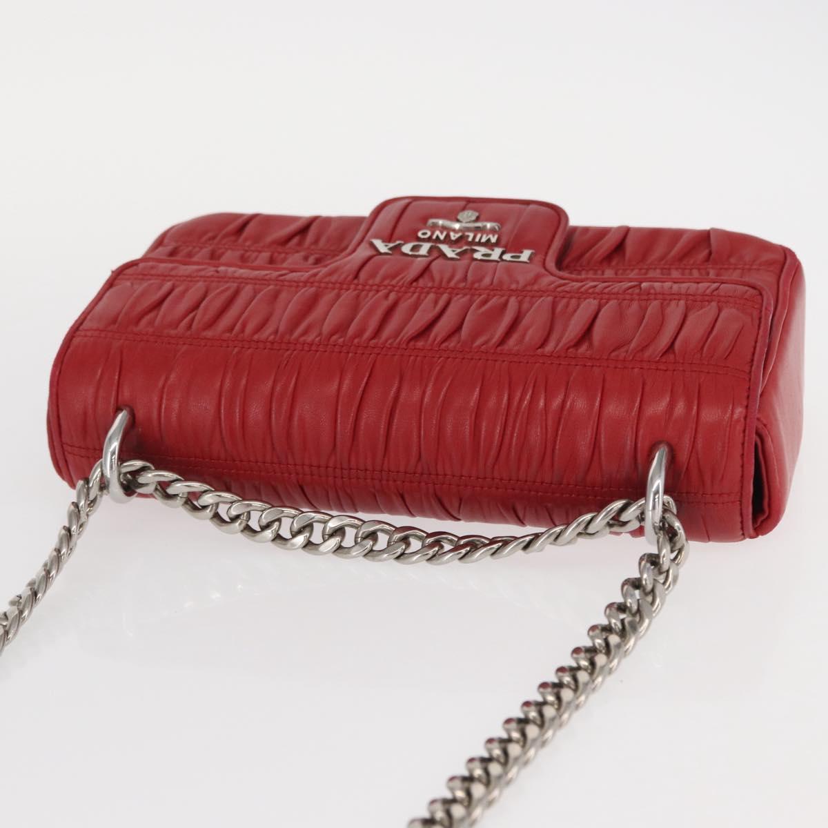 PRADA Chain Nappa Goful Shoulder Bag Leather Red Silver Auth 157786