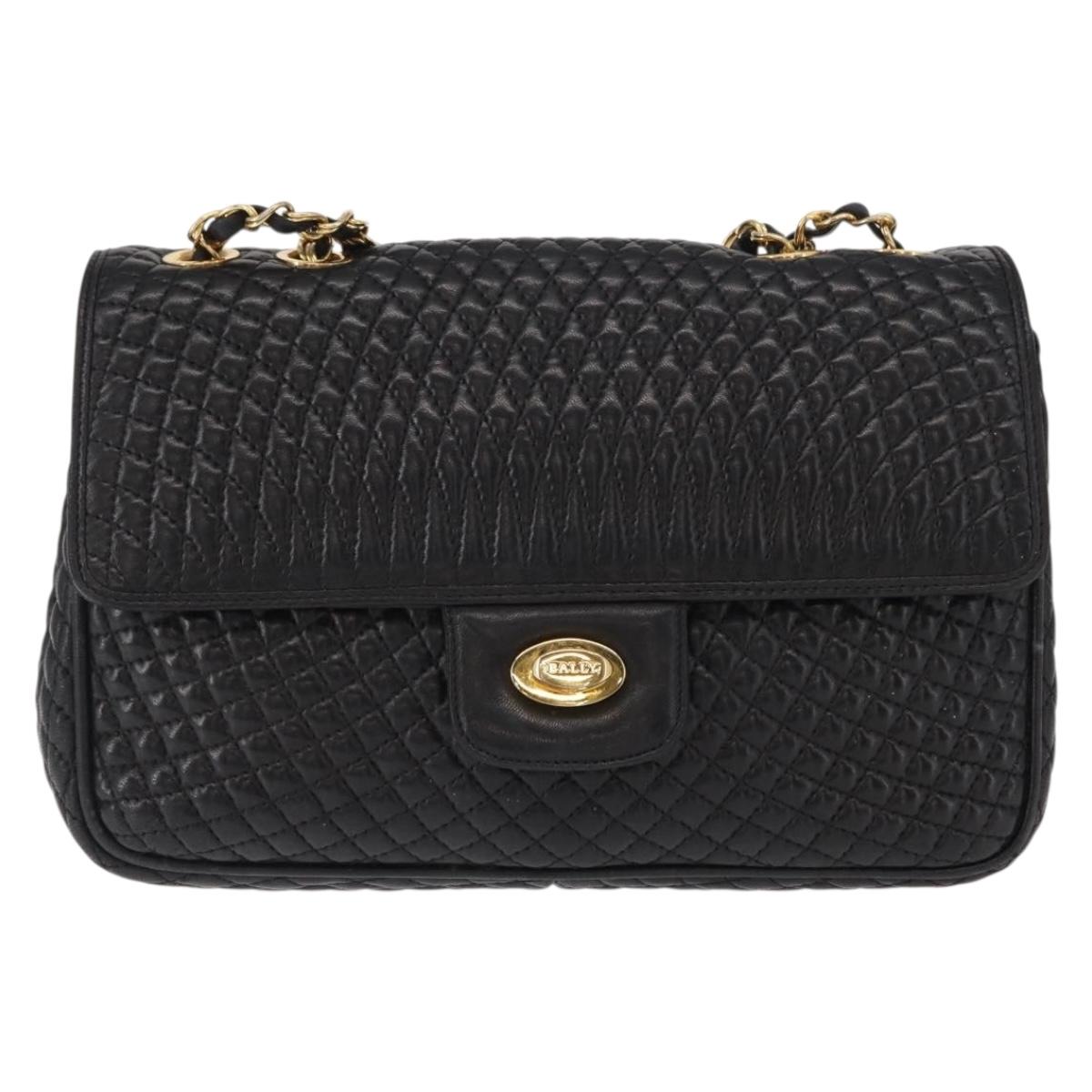 BALLY Chain Shoulder Bag Leather Black Gold Auth 157788