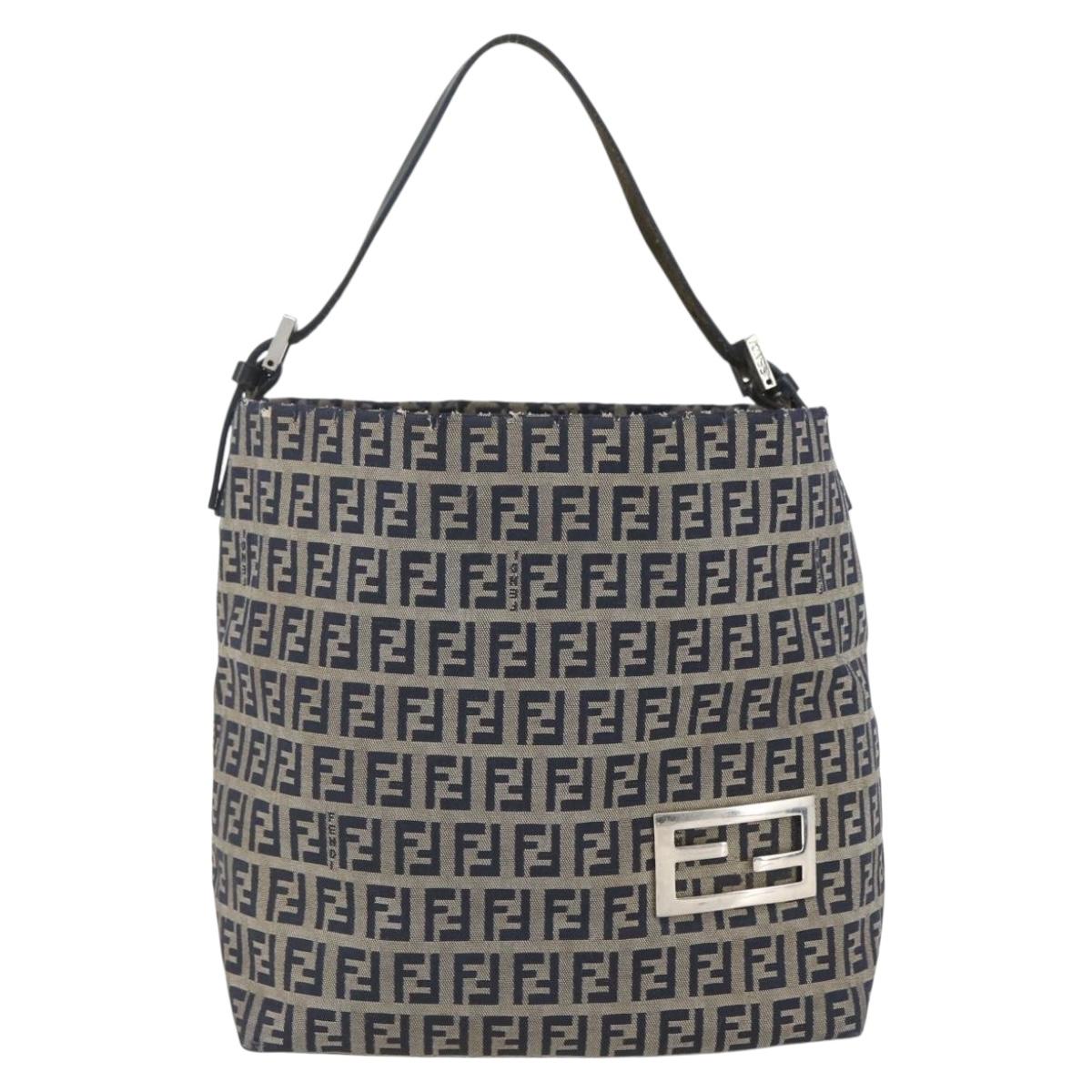 FENDI Zucchino Canvas Shoulder Bag Navy Silver Auth 157799