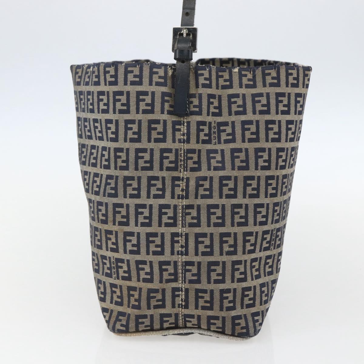 FENDI Zucchino Canvas Shoulder Bag Navy Silver Auth 157799