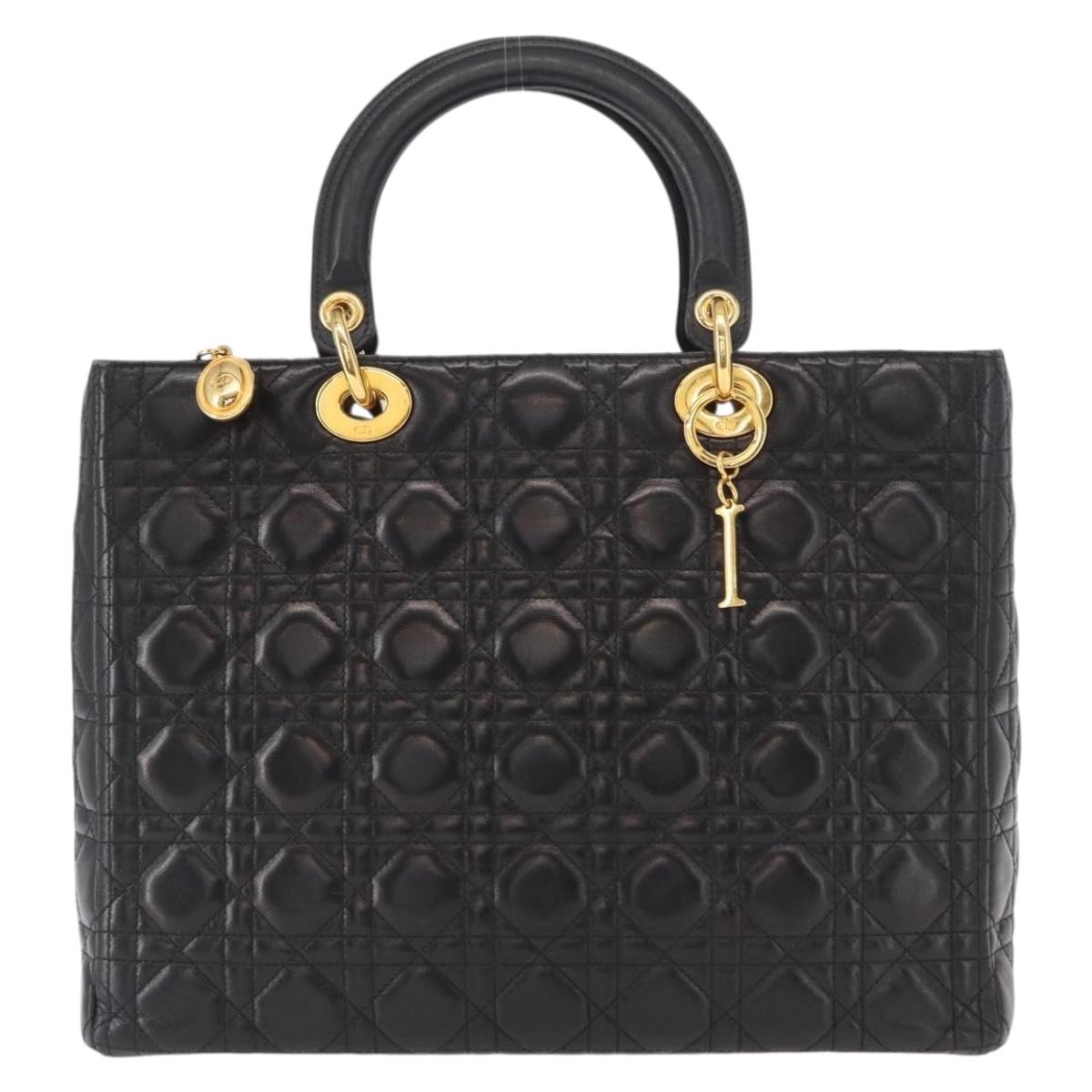 Christian Dior Lady Dior Canage Tote Bag Lamb Skin Black Gold Auth 157801