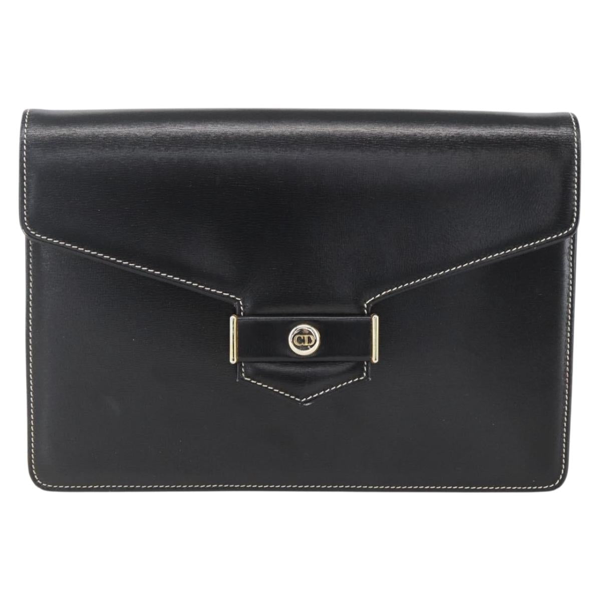 Christian Dior Chain Shoulder Bag Leather Black Gold Auth 157802V