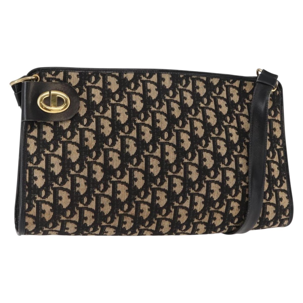 Christian Dior Trotter Canvas Chain Shoulder Bag Black Gold Auth 157804