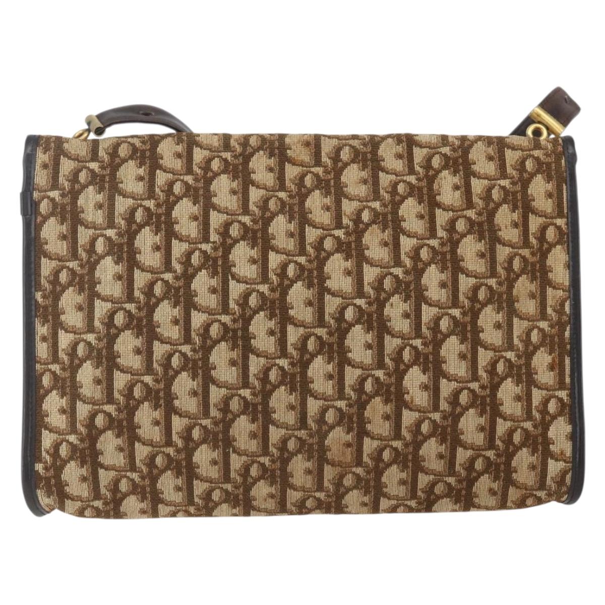 Christian Dior Trotter Canvas Shoulder Bag Beige Gold Auth 157805