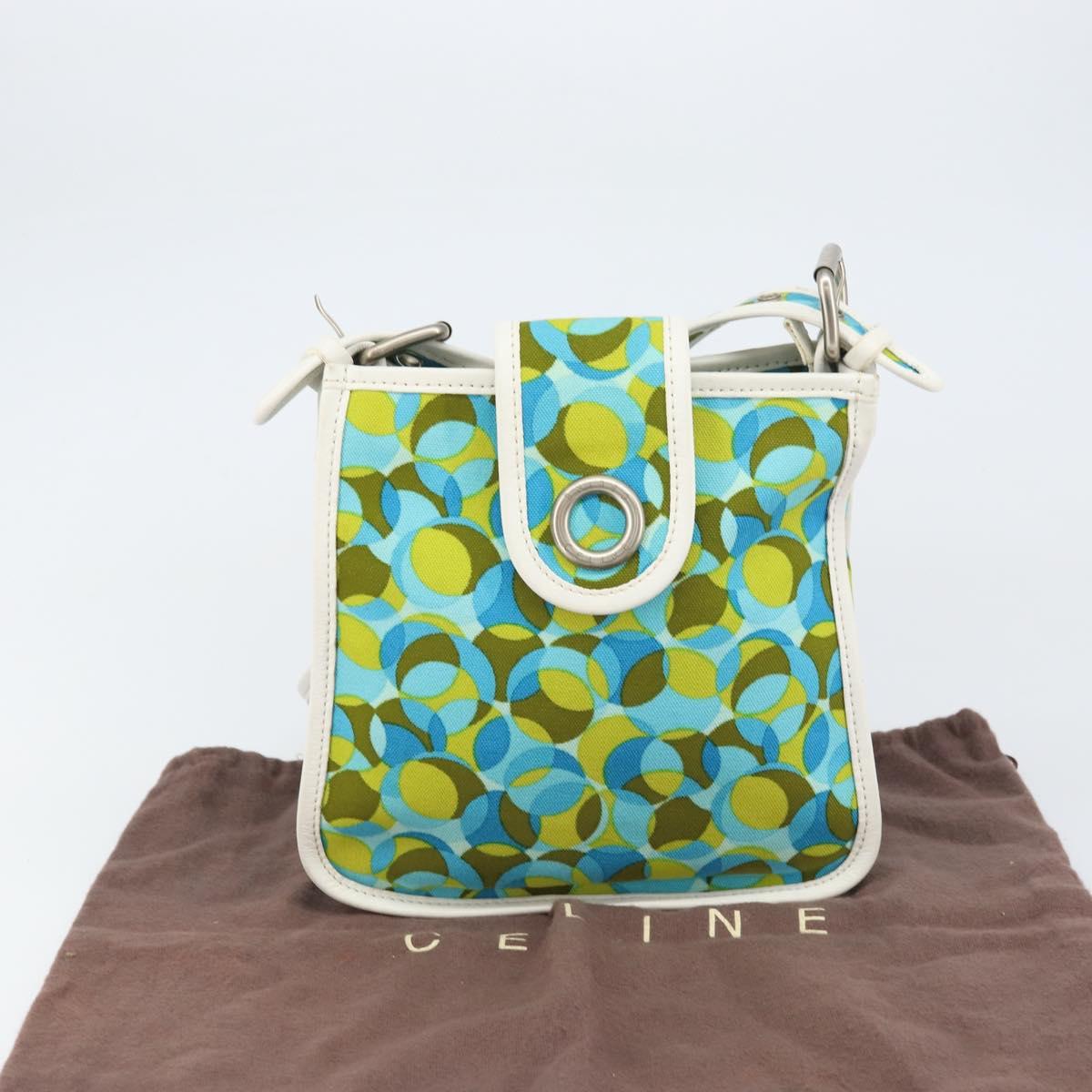 CELINE Circle Shoulder Bag Canvas Leather Blue Light green Auth 157872
