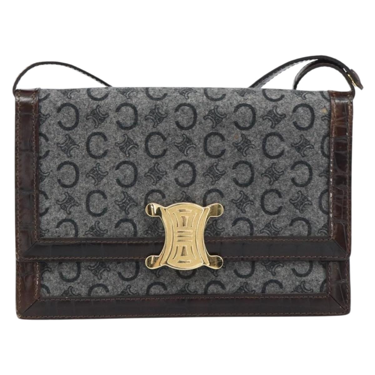 CELINE C Macadam Canvas Shoulder Bag Gray Gold Auth 157930