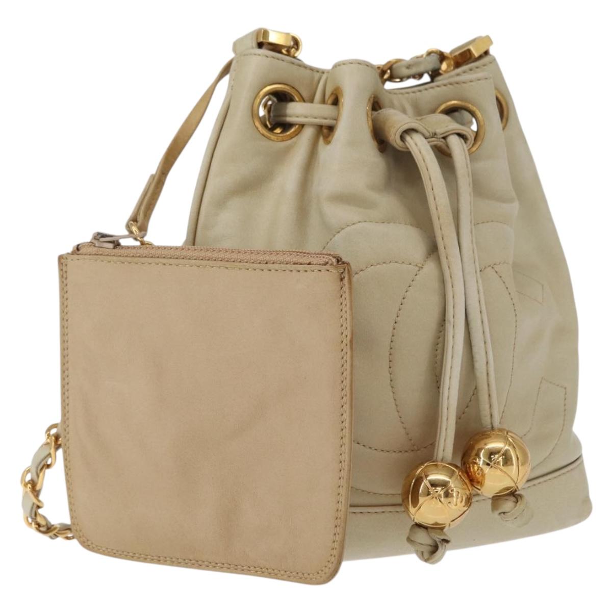 CHANEL Chain Shoulder Bag Leather Ivory Gold CC Auth 157949A