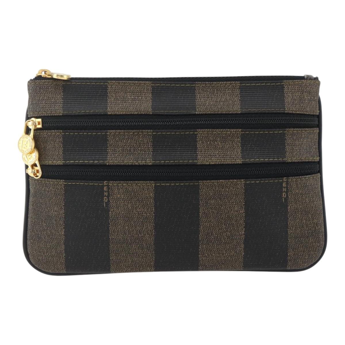 FENDI Pecan Canvas Pouch PVC Black Brown Auth 157951