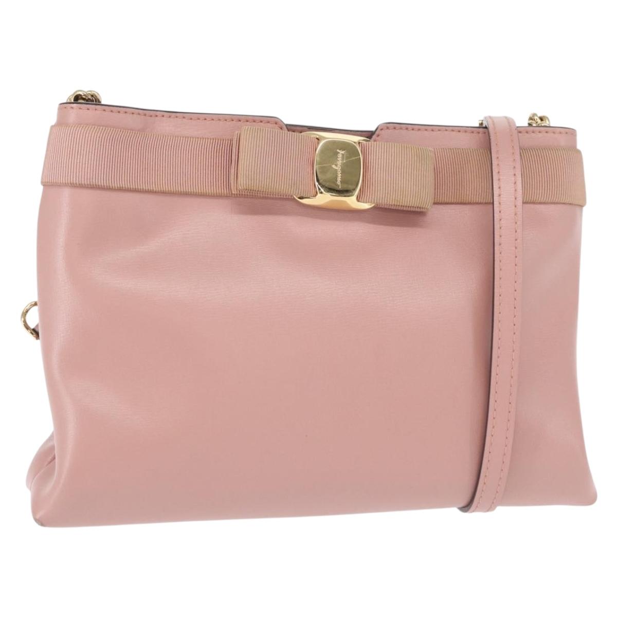 Salvatore Ferragamo Chain Vala Shoulder Bag Leather 2way Pink Gold Auth 158017