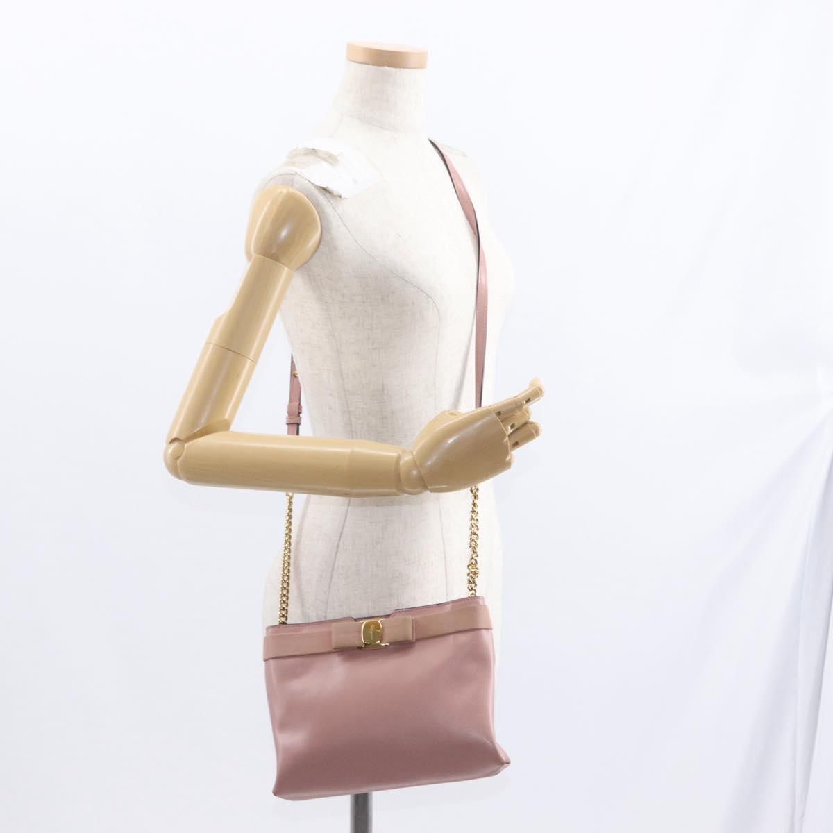 Salvatore Ferragamo Chain Vala Shoulder Bag Leather 2way Pink Gold Auth 158017