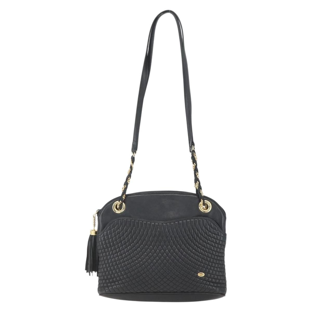 BALLY Chain Shoulder Bag Leather Black Gold Auth 158019
