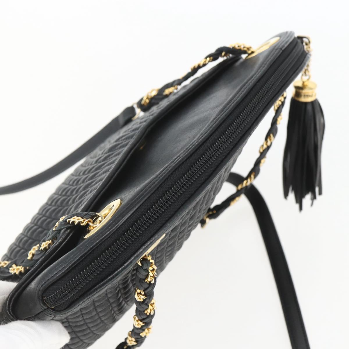 BALLY Chain Shoulder Bag Leather Black Gold Auth 158019