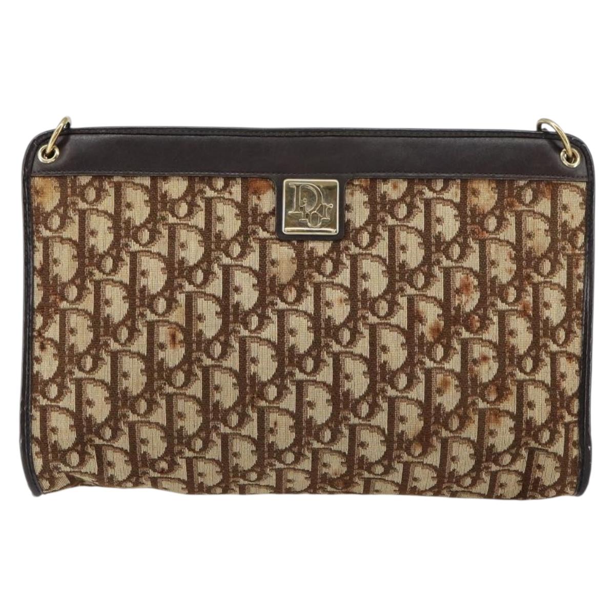 Christian Dior Trotter Canvas Shoulder Bag Beige Gold Auth 158032