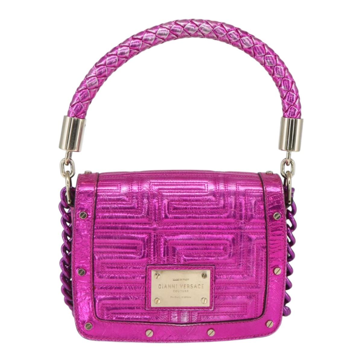 Gianni Versace Chain Shoulder Bag Leather Pink Gold Auth 158051