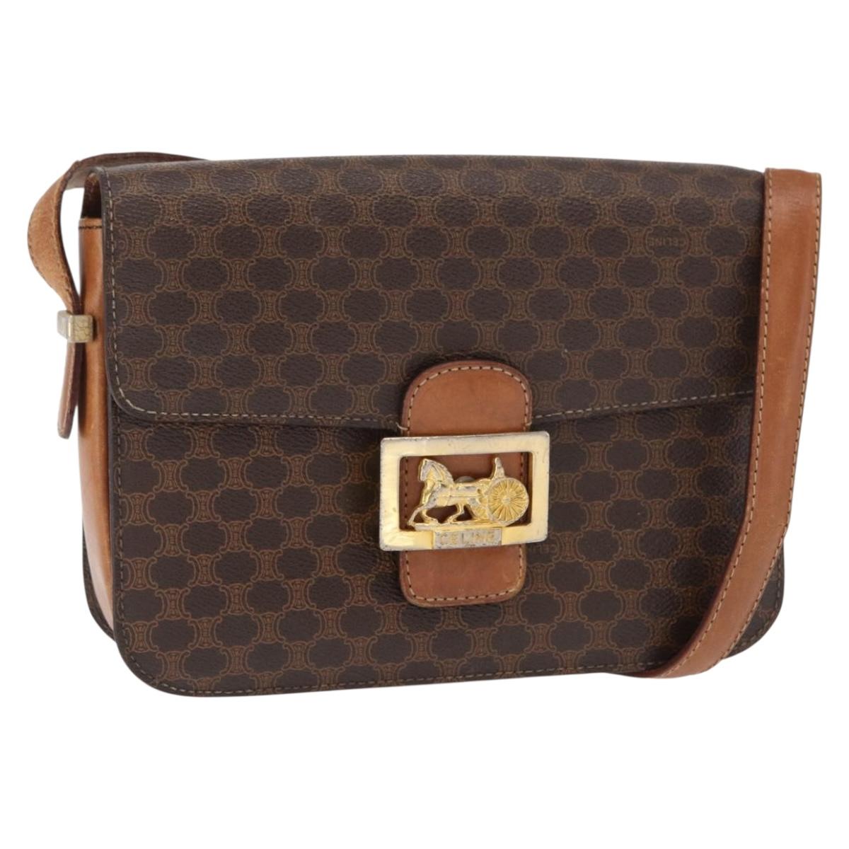 CELINE Macadam Canvas Horse Carriage Bag PVC Leather Brown Gold Auth 158075