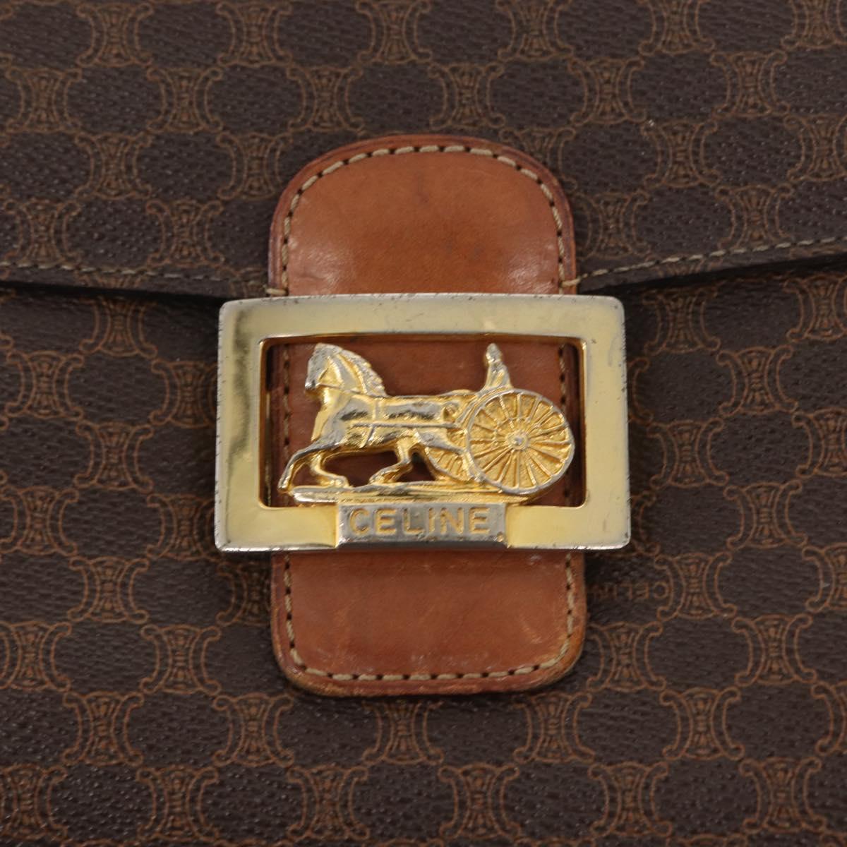 CELINE Macadam Canvas Horse Carriage Bag PVC Leather Brown Gold Auth 158075