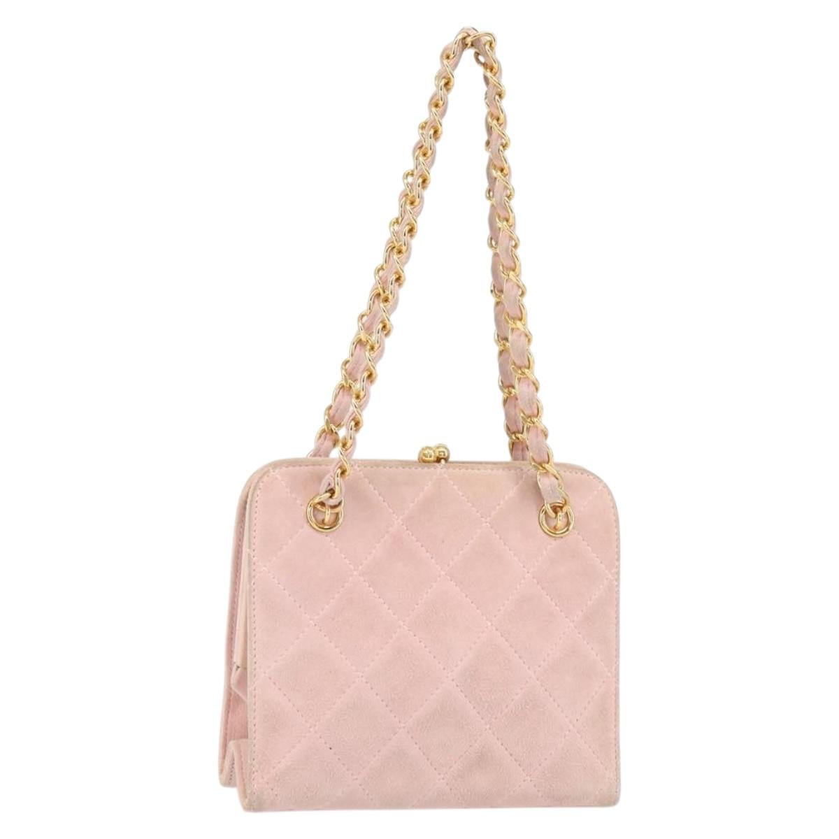 CHANEL Matelasse Chain Hand Bag Suede Pink Gold CC Auth 158088