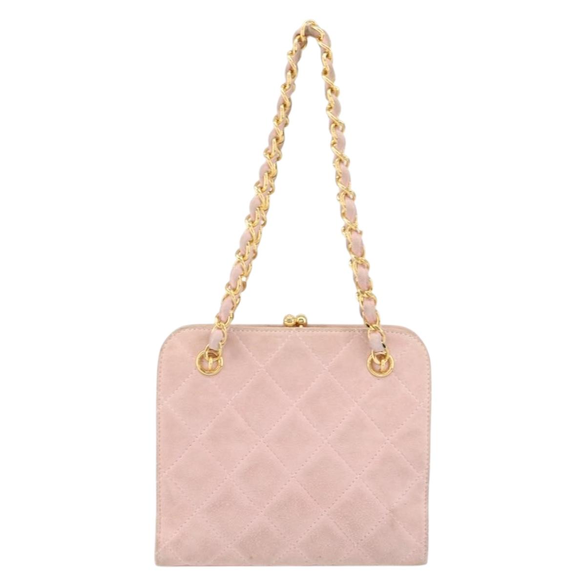 CHANEL Matelasse Chain Hand Bag Suede Pink Gold CC Auth 158088