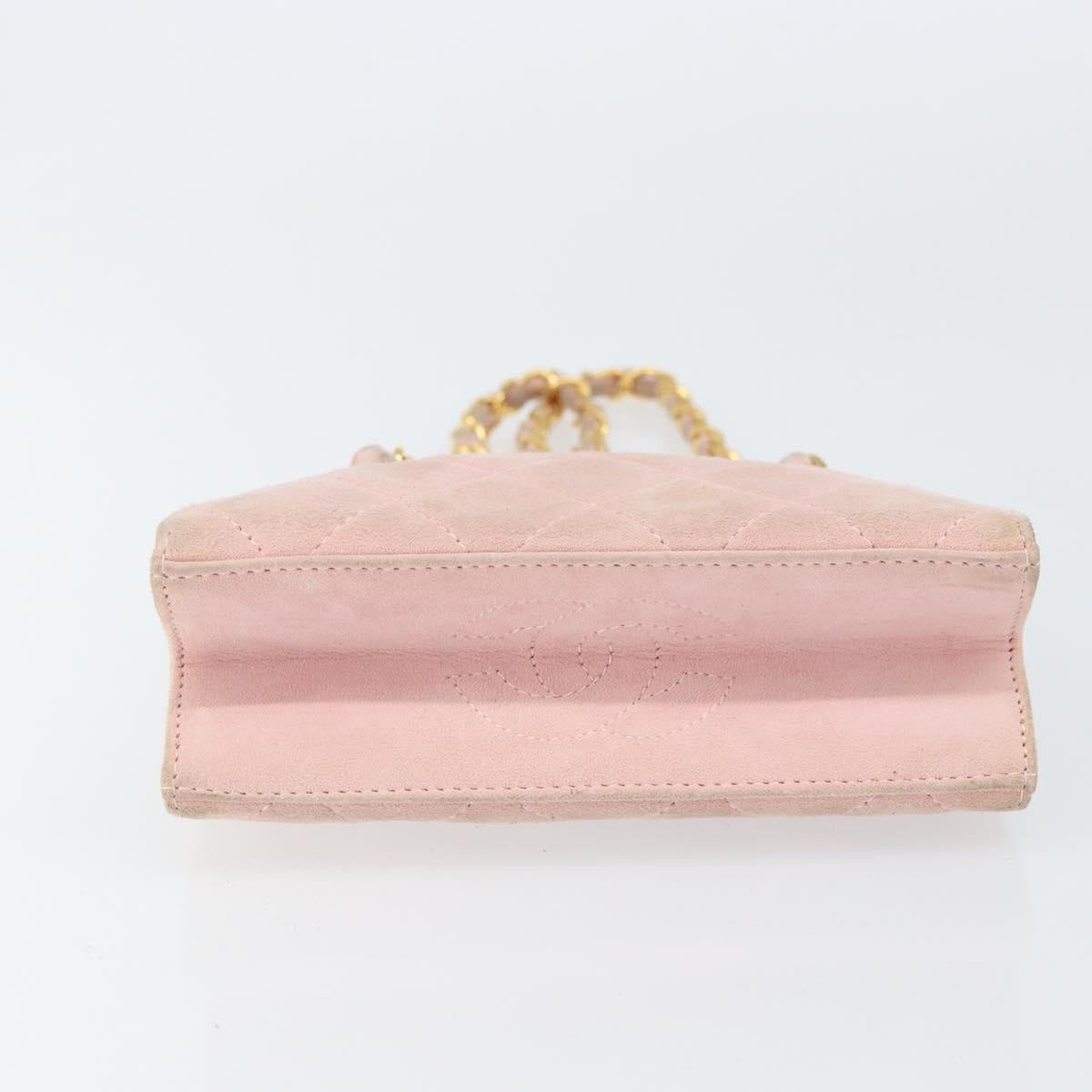 CHANEL Matelasse Chain Hand Bag Suede Pink Gold CC Auth 158088
