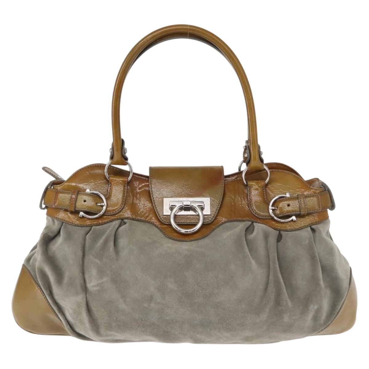 Salvatore Ferragamo Gancini Hand Bag Suede Green Silver Auth 158089