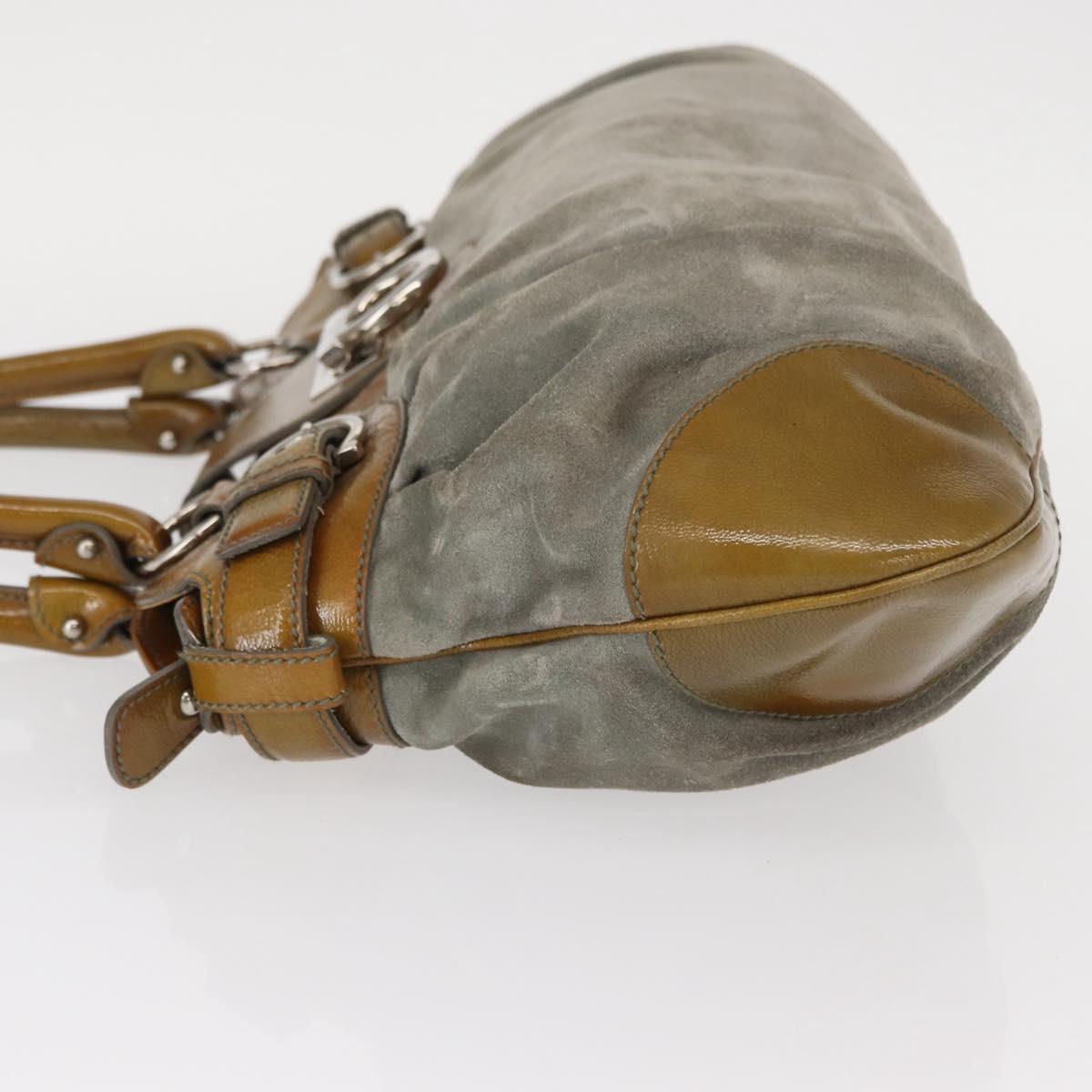 Salvatore Ferragamo Gancini Hand Bag Suede Green Silver Auth 158089