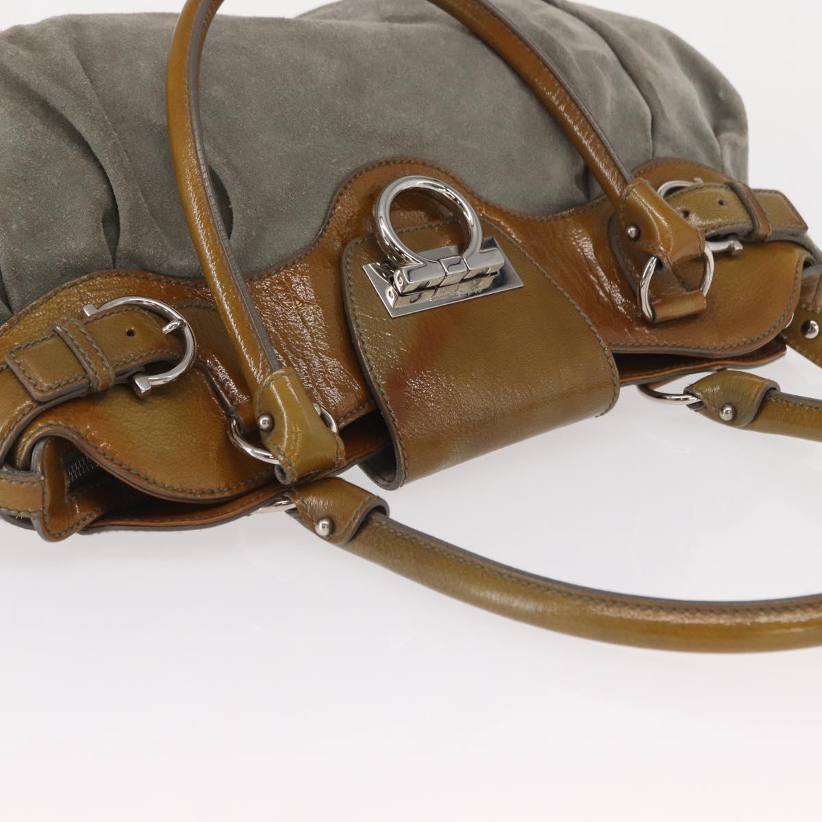 Salvatore Ferragamo Gancini Hand Bag Suede Green Silver Auth 158089
