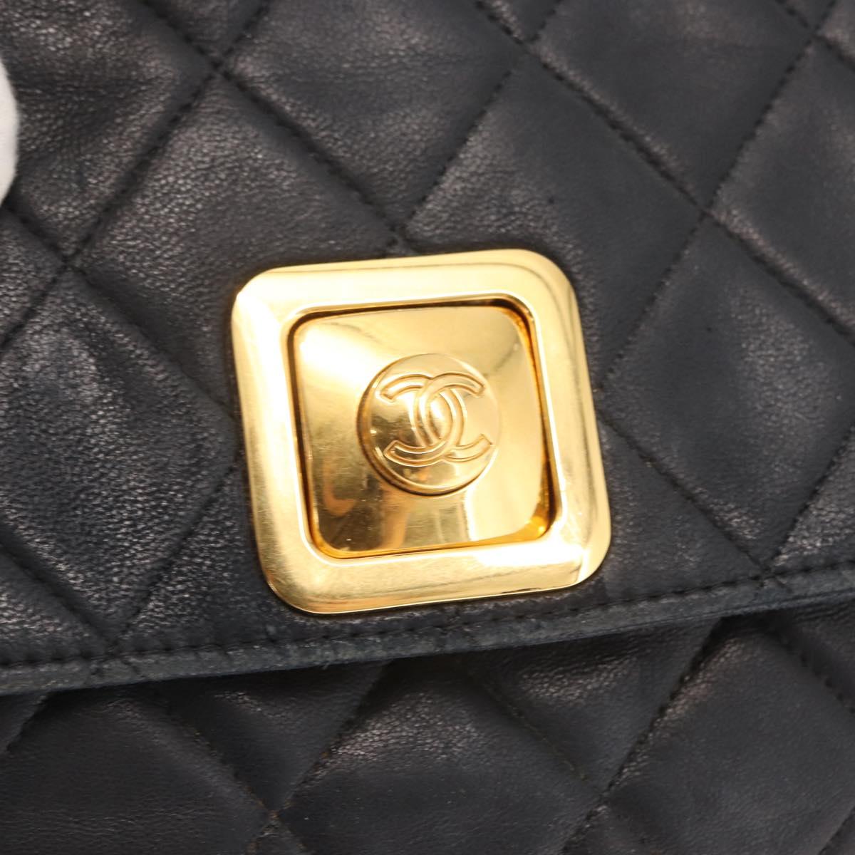 CHANEL Matelasse Hand Bag Lamb Skin Black Gold CC Auth 158090