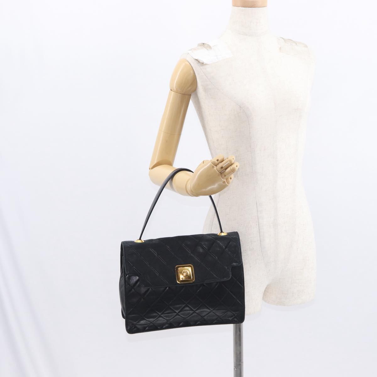 CHANEL Matelasse Hand Bag Lamb Skin Black Gold CC Auth 158090