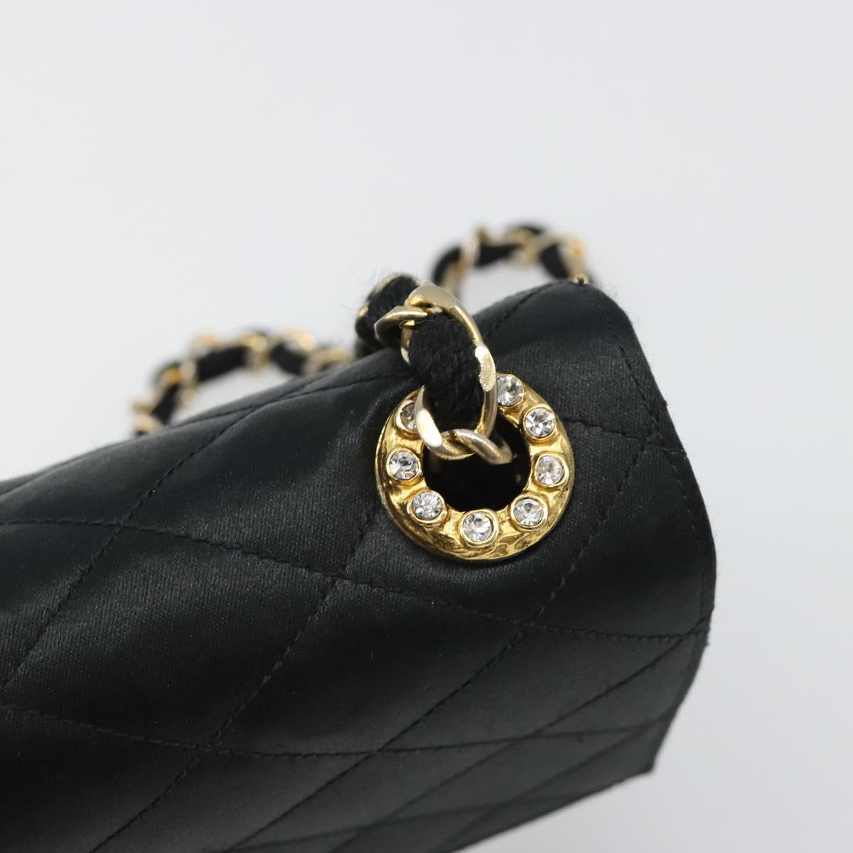 CHANEL Matelasse Chain Shoulder Bag Satin Black Gold CC Auth 158093V