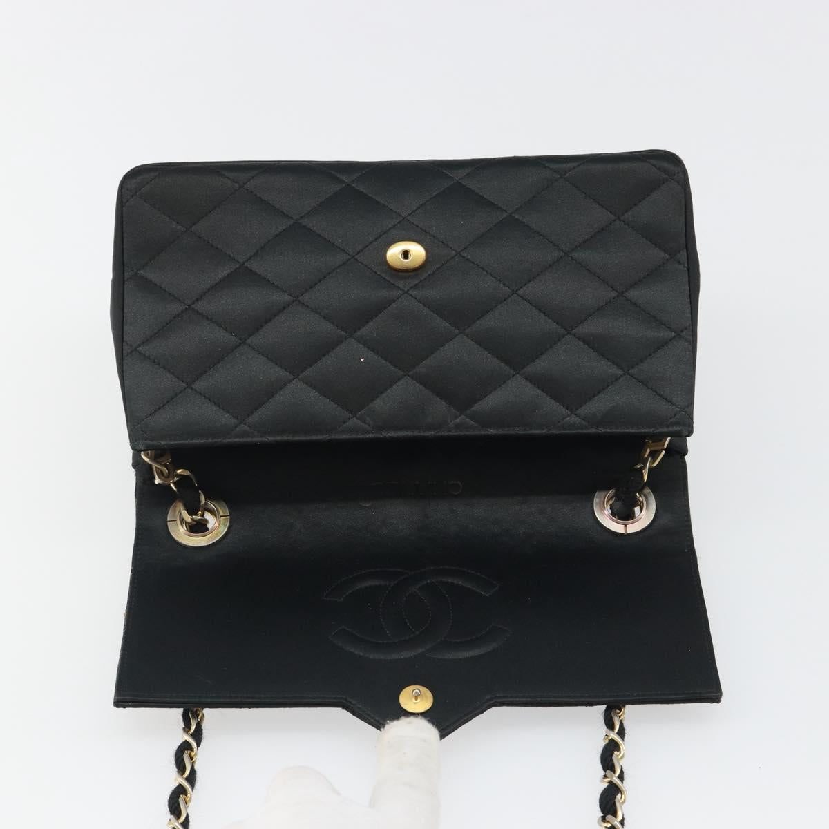 CHANEL Matelasse Chain Shoulder Bag Satin Black Gold CC Auth 158093V