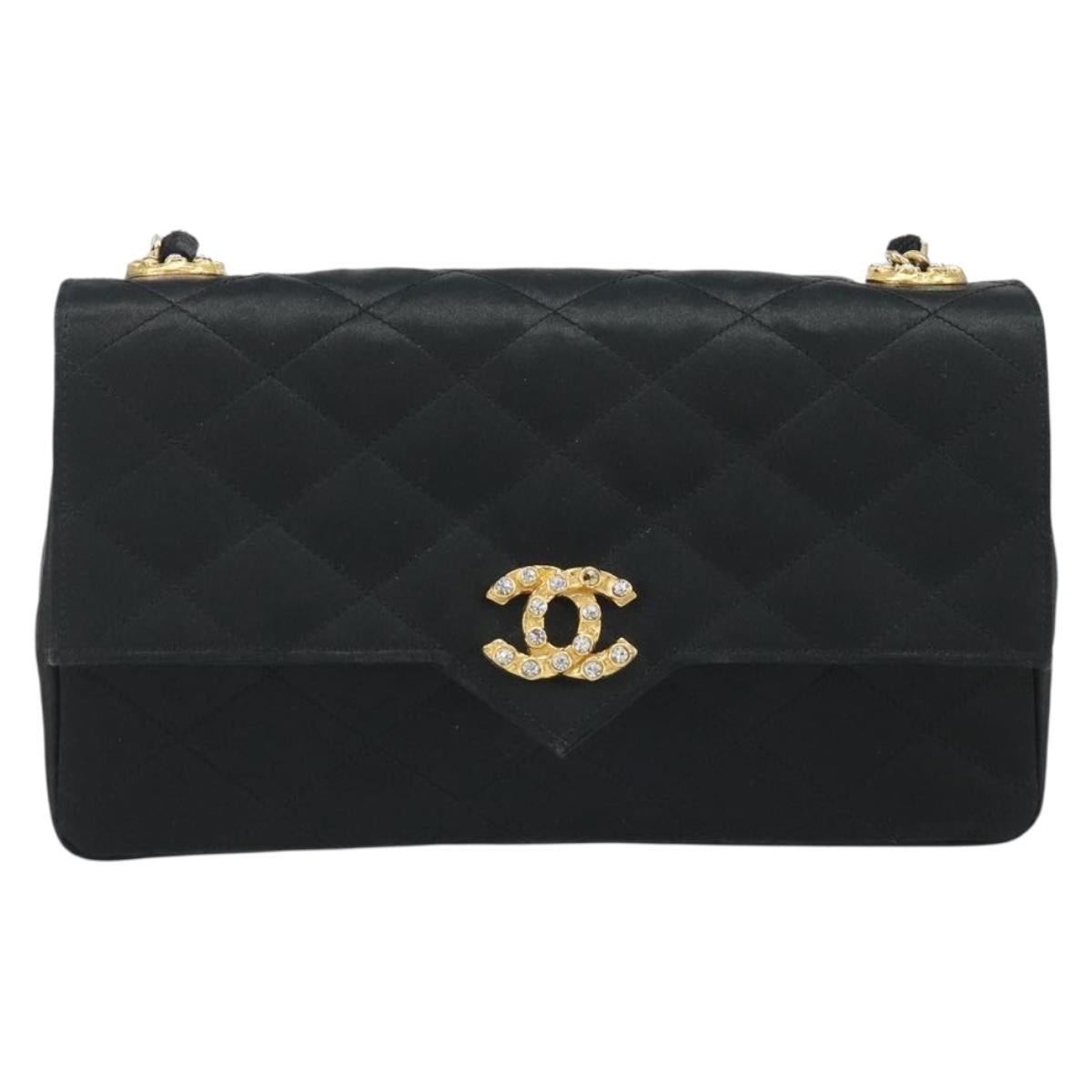 CHANEL Matelasse Chain Shoulder Bag Satin Black Gold CC Auth 158093V