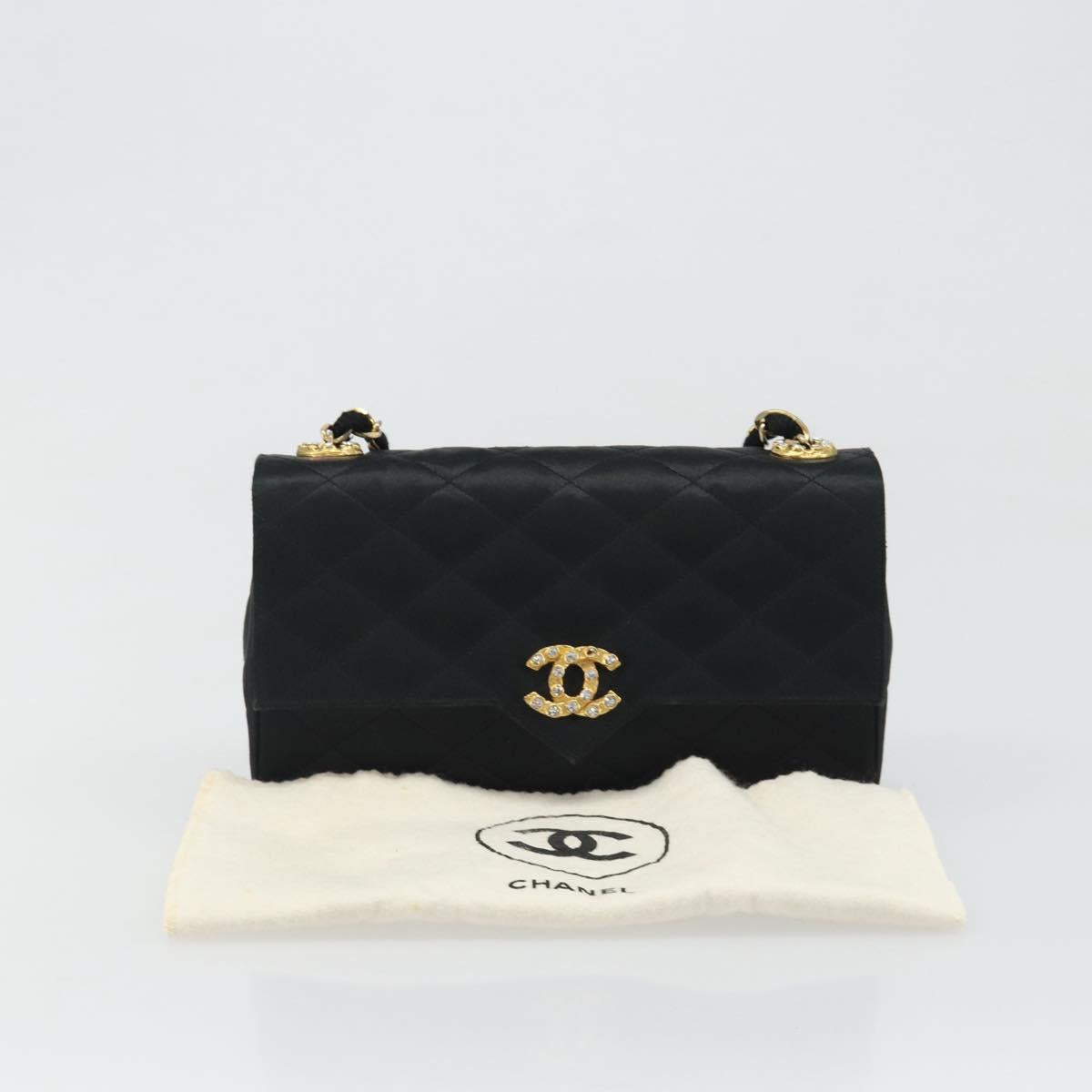 CHANEL Matelasse Chain Shoulder Bag Satin Black Gold CC Auth 158093V