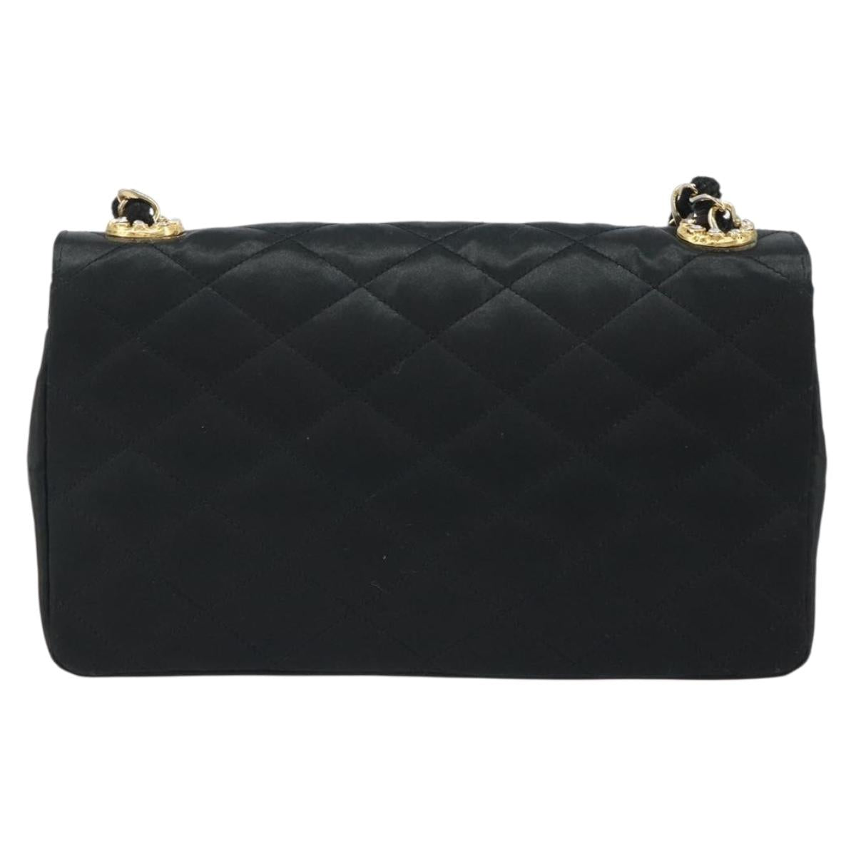 CHANEL Matelasse Chain Shoulder Bag Satin Black Gold CC Auth 158093V