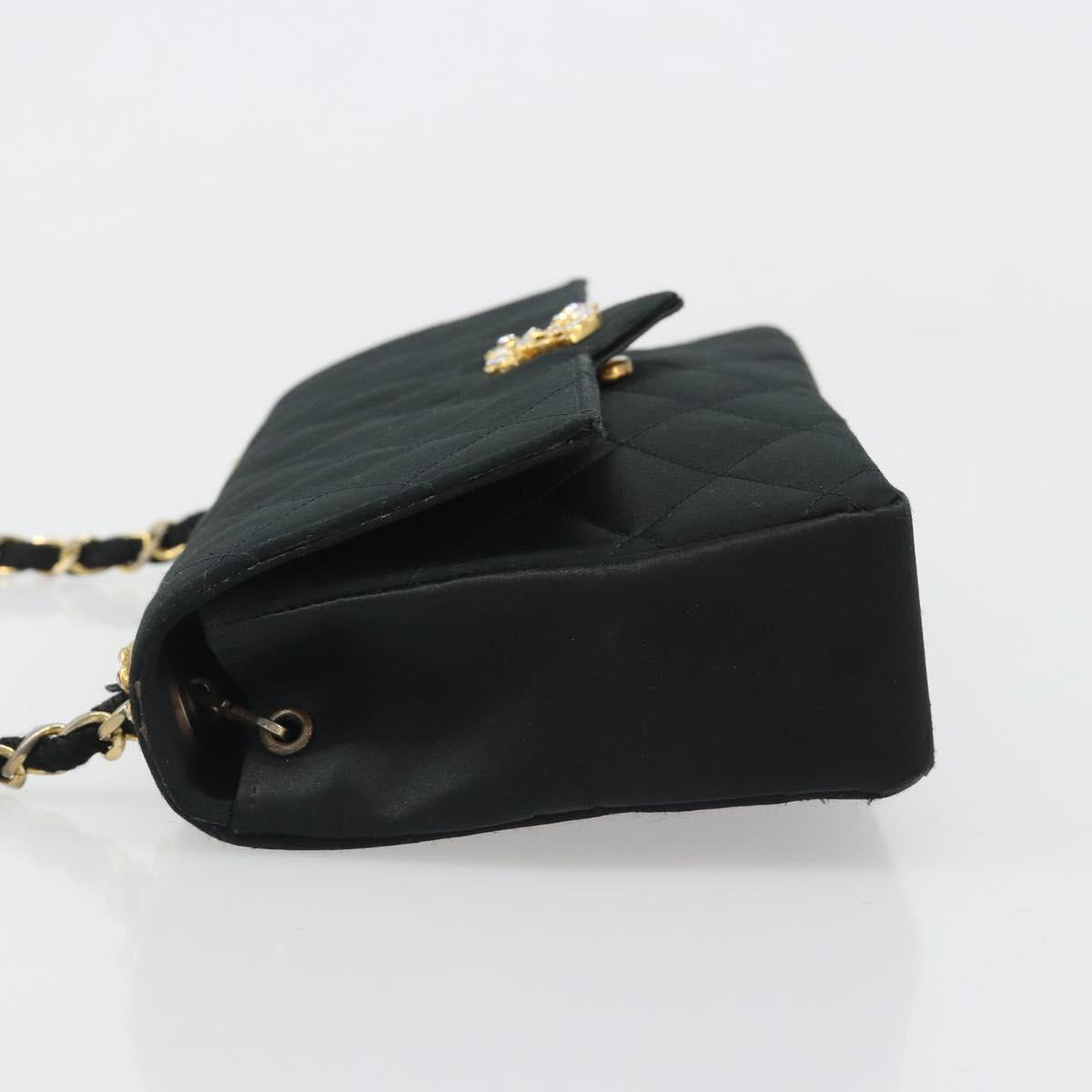 CHANEL Matelasse Chain Shoulder Bag Satin Black Gold CC Auth 158093V