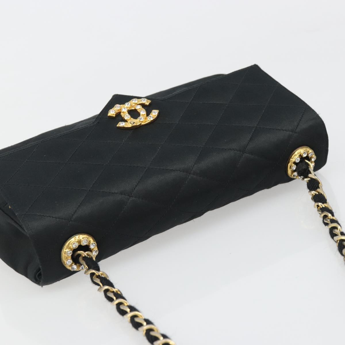 CHANEL Matelasse Chain Shoulder Bag Satin Black Gold CC Auth 158093V