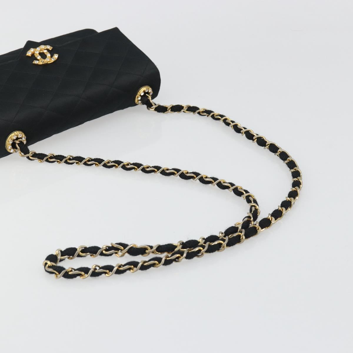 CHANEL Matelasse Chain Shoulder Bag Satin Black Gold CC Auth 158093V