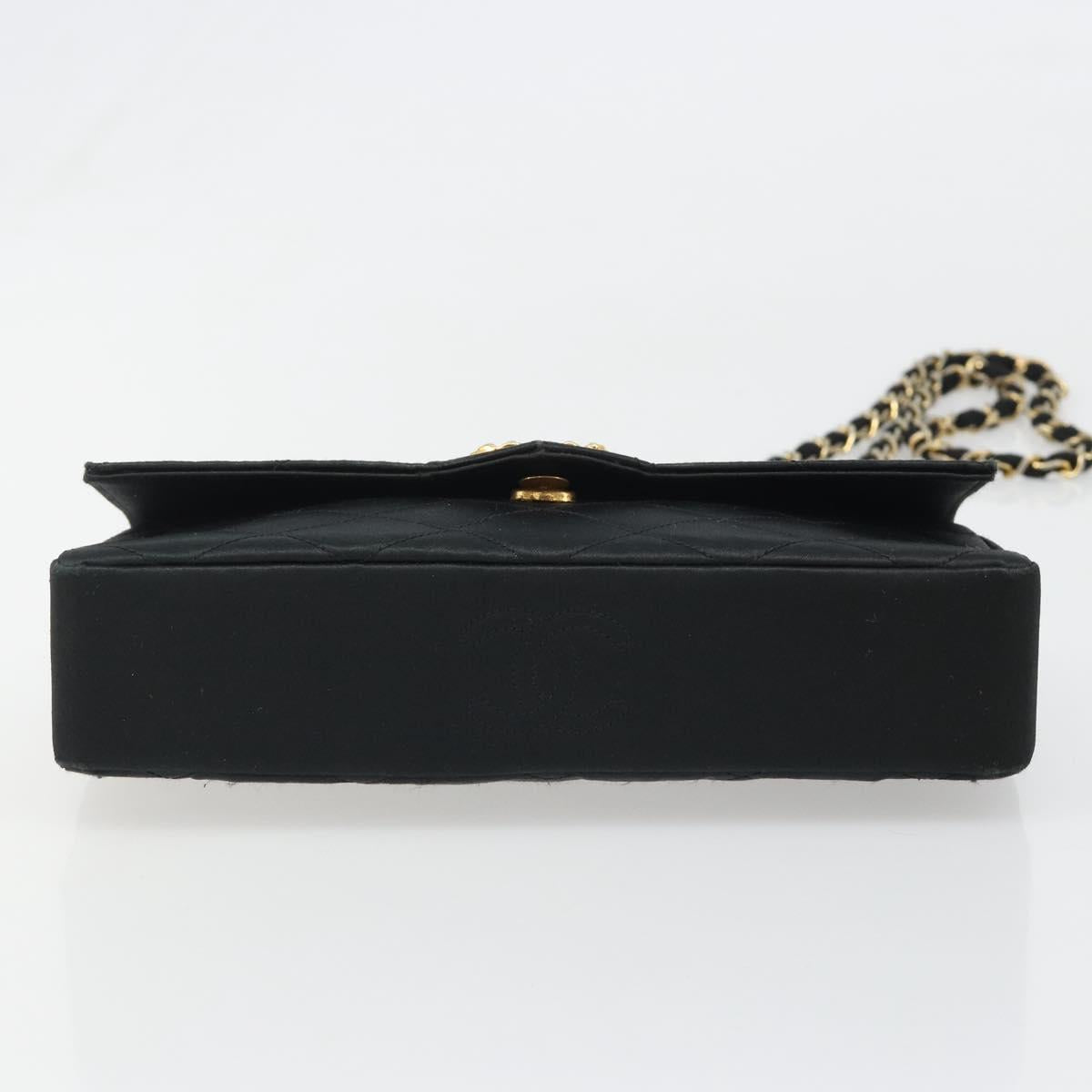 CHANEL Matelasse Chain Shoulder Bag Satin Black Gold CC Auth 158093V