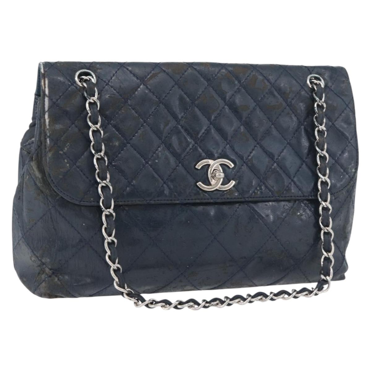 CHANEL Matelasse Chain Shoulder Bag Patent leather Navy Silver CC Auth 158096