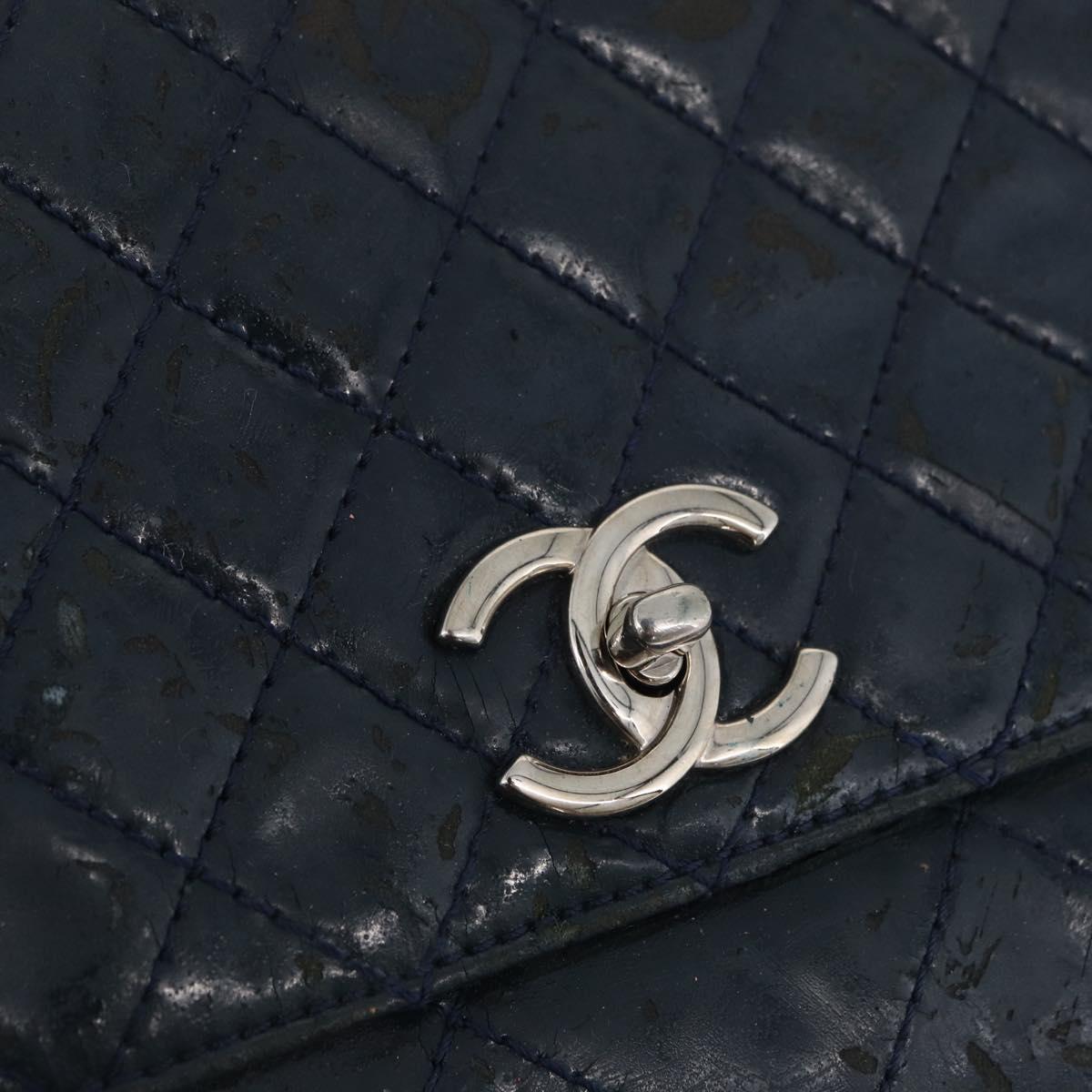 CHANEL Matelasse Chain Shoulder Bag Patent leather Navy Silver CC Auth 158096