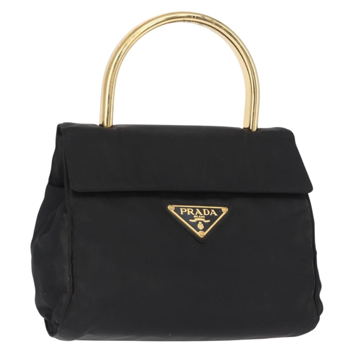 PRADA Hand Bag Nylon Black gold Auth 158131
